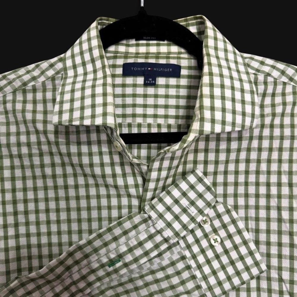 Tommy Hilfiger Slim‎ Fit Gingham Top Green Checker Button Up Sz 16 Office Preppy